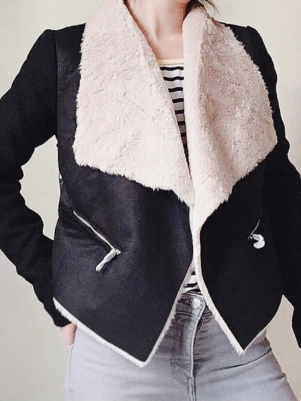 ZARA Black Trafaluc Shearling Style Jacket W/Faux Fur Draped Collar Wool Blend